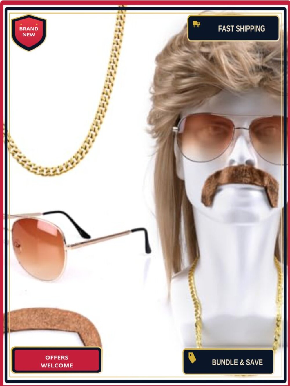 80s Mullet Wig Men Rocker Costume Sunglasses Necklace Moustache
